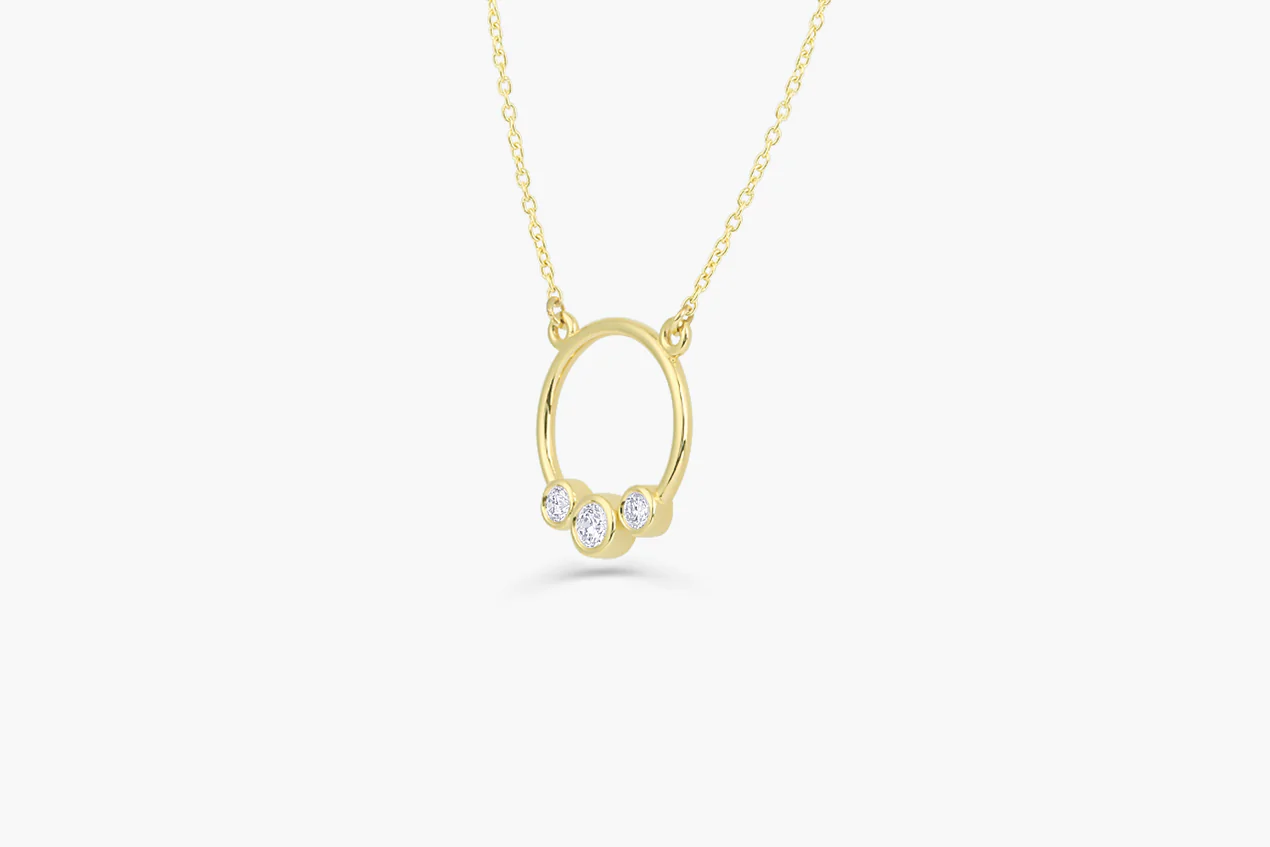14K Solid Gold Graduated Trio Bezel Diamond Circle Necklace view 3