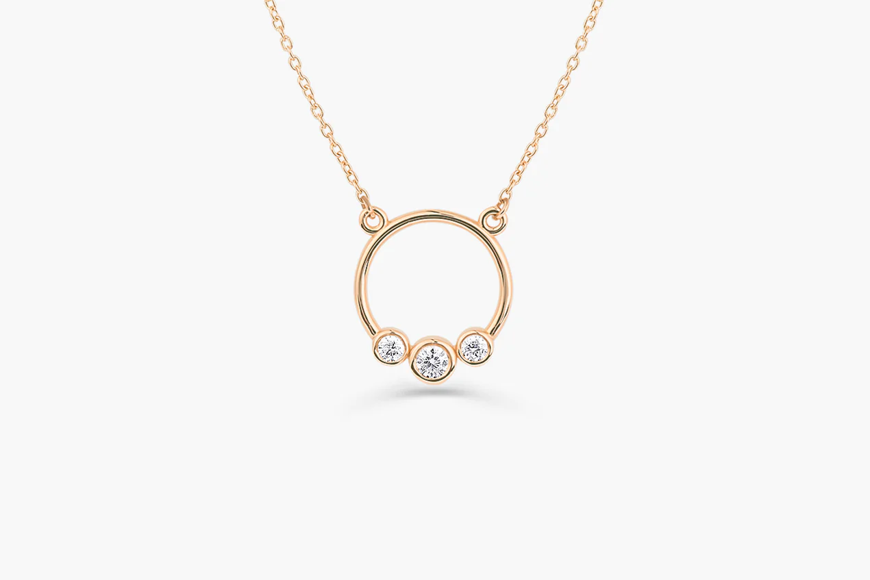 14K Solid Gold Graduated Trio Bezel Diamond Circle Necklace view 4
