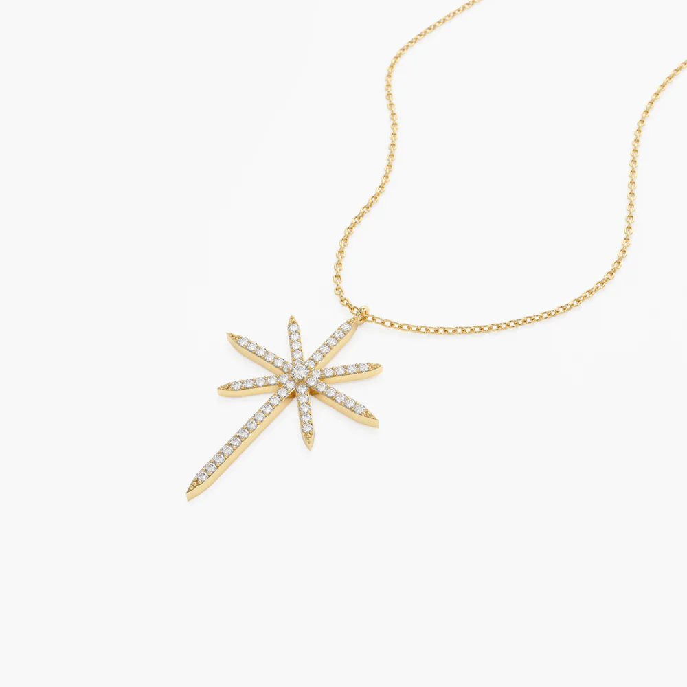 14K Solid Gold Celestial North Star Diamond Necklace