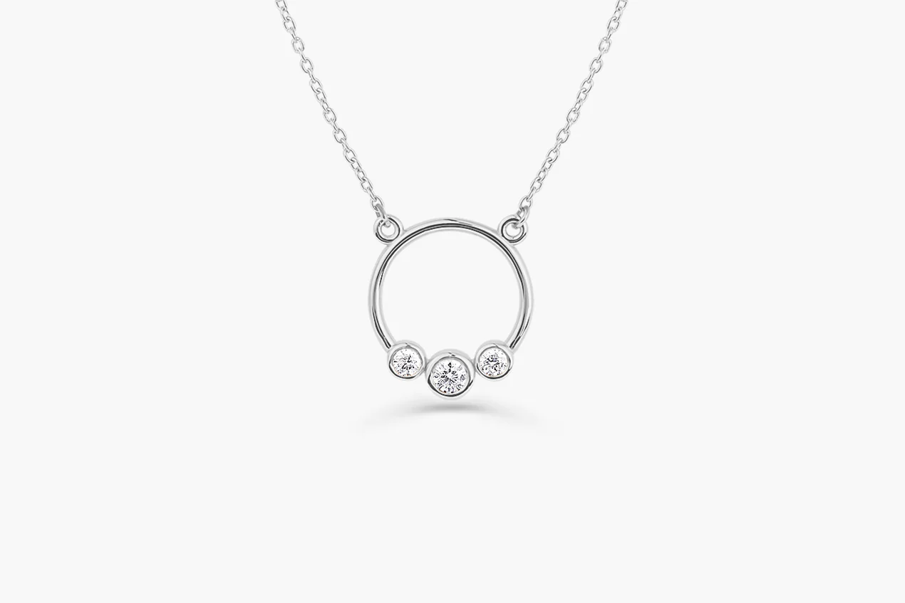 14K Solid Gold Graduated Trio Bezel Diamond Circle Necklace view 5