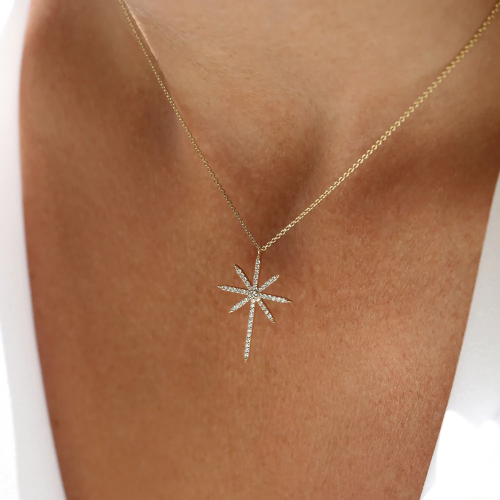 14K Solid Gold Celestial North Star Diamond Necklace view 6