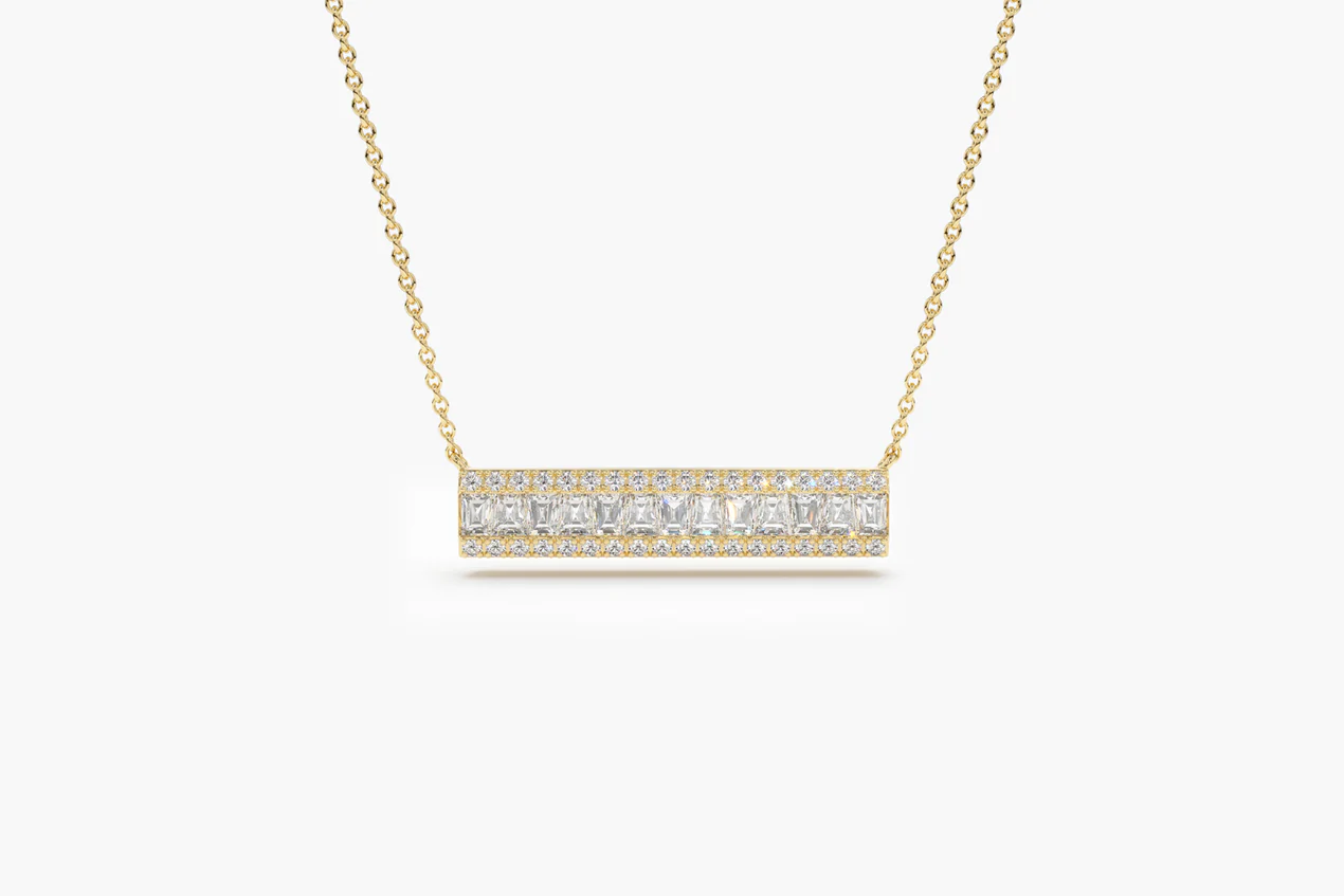 14K Solid Gold Baguette Diamond Horizontal Necklace