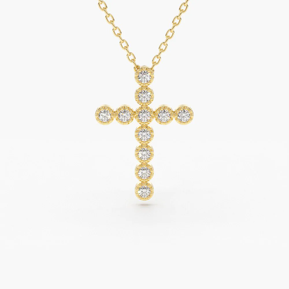 14K Solid Gold Bezel Setting With Migraine Diamond Cross Necklace
