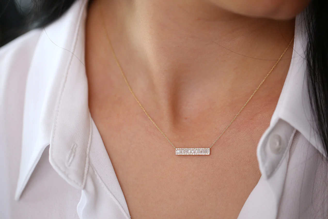 14K Solid Gold Baguette Diamond Horizontal Necklace view 2