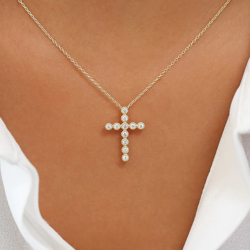 14K Solid Gold Bezel Setting With Migraine Diamond Cross Necklace view 2