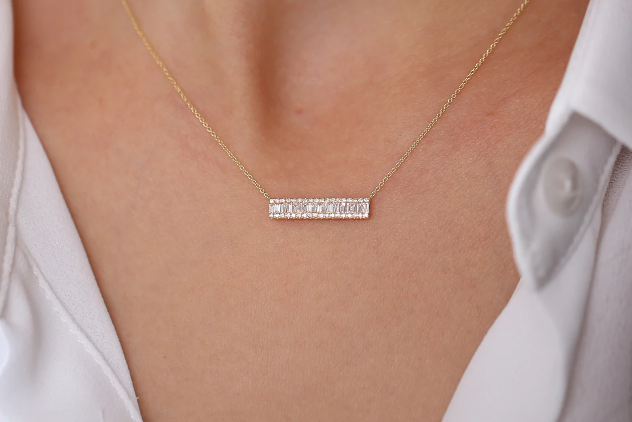14K Solid Gold Baguette Diamond Horizontal Necklace view 3