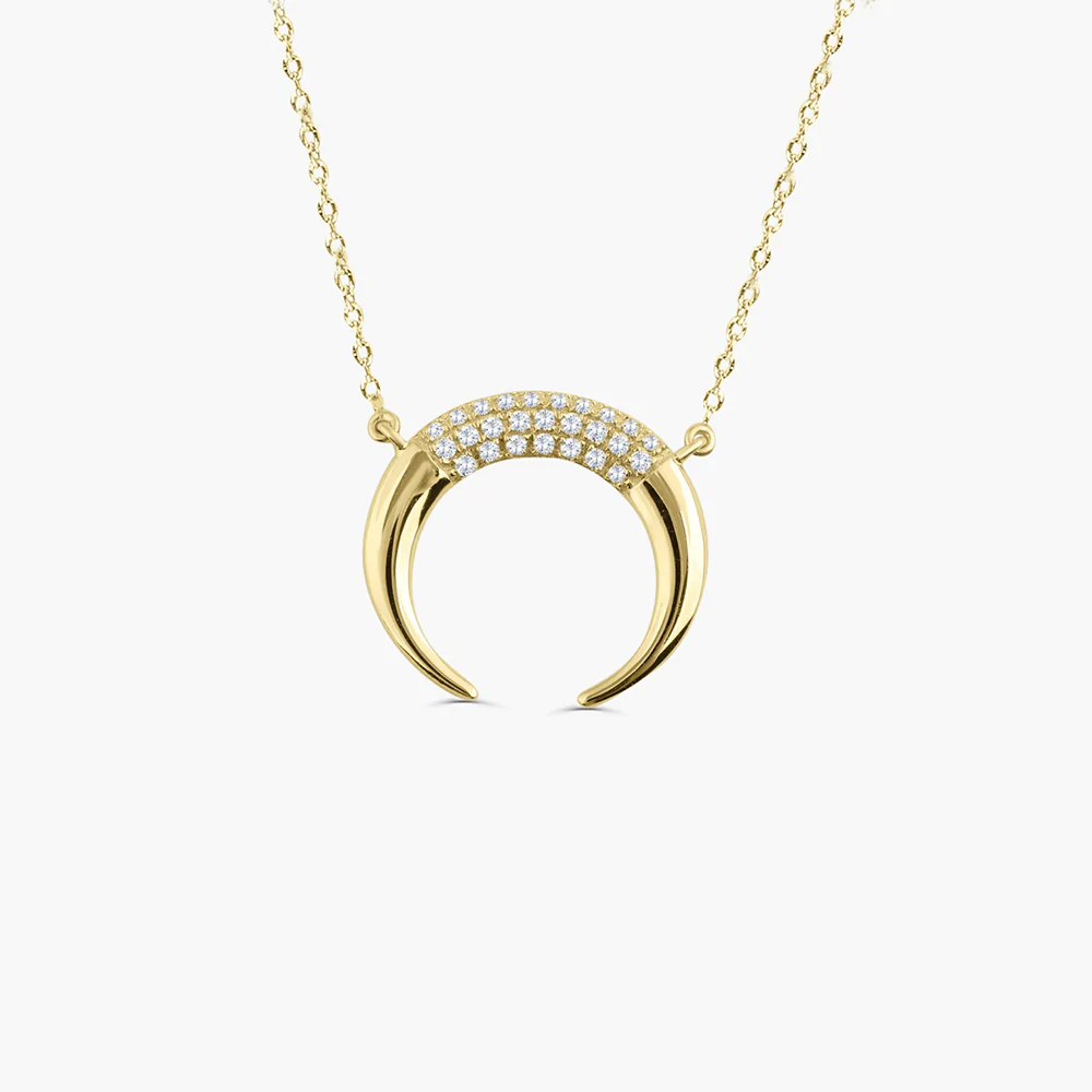 14K Solid Gold Double Horn Diamond Necklace for Women