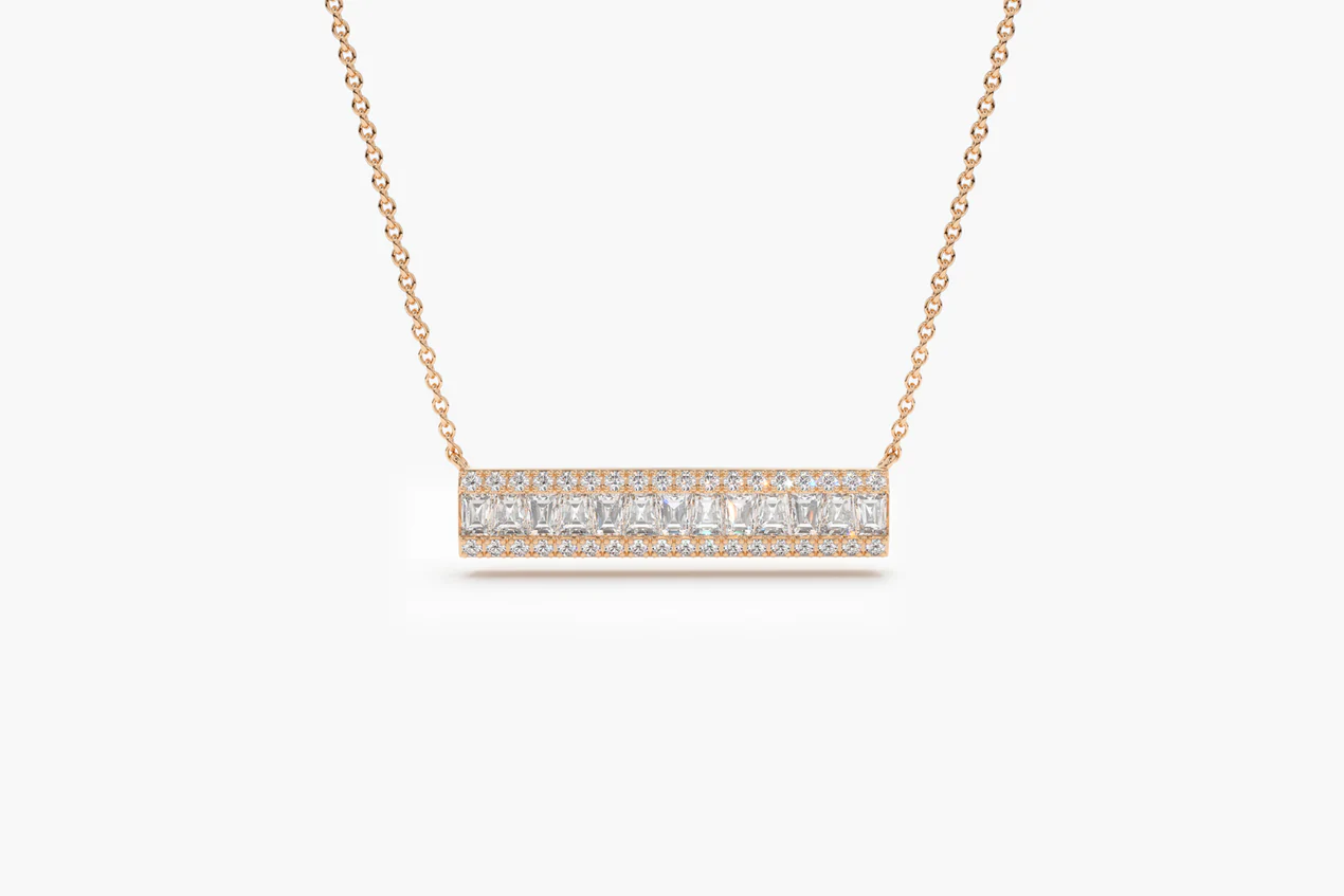 14K Solid Gold Baguette Diamond Horizontal Necklace view 5
