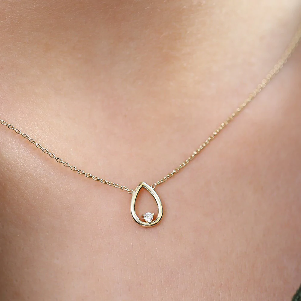 14K Solid Gold Floating Teardrop Diamond Necklace view 3