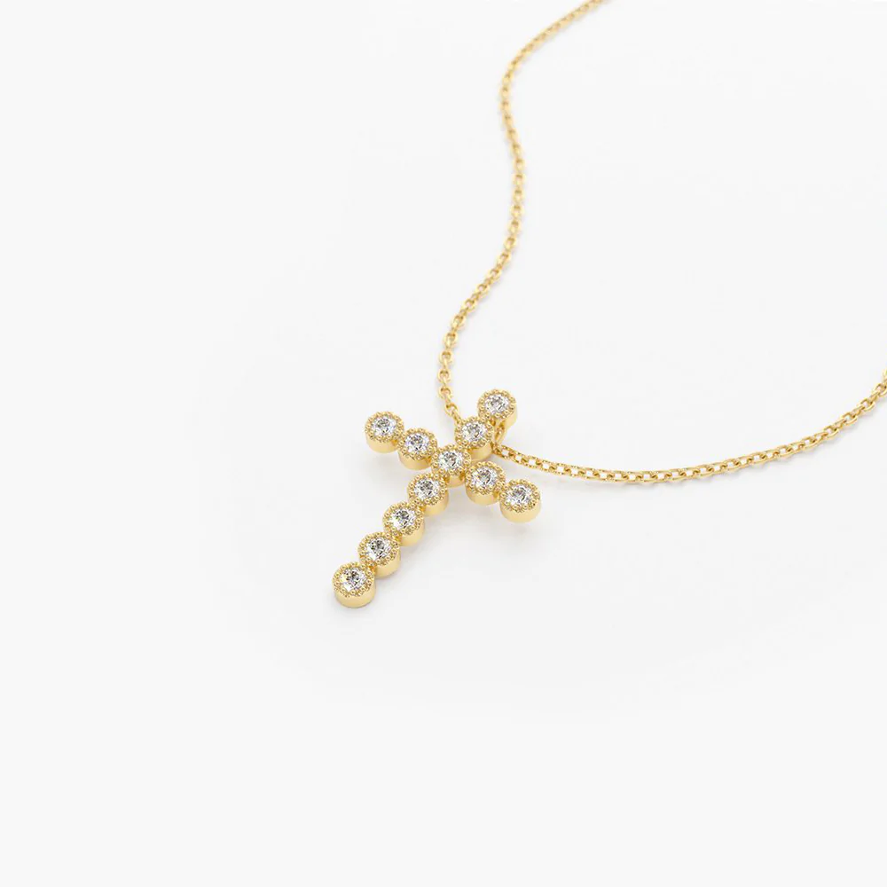 14K Solid Gold Bezel Setting With Migraine Diamond Cross Necklace view 3
