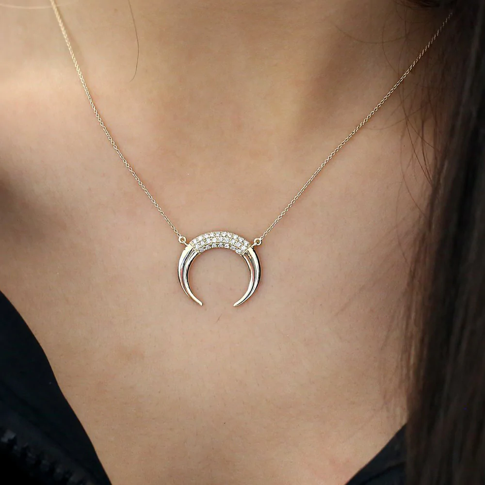 14K Solid Gold Double Horn Diamond Necklace for Women view 2