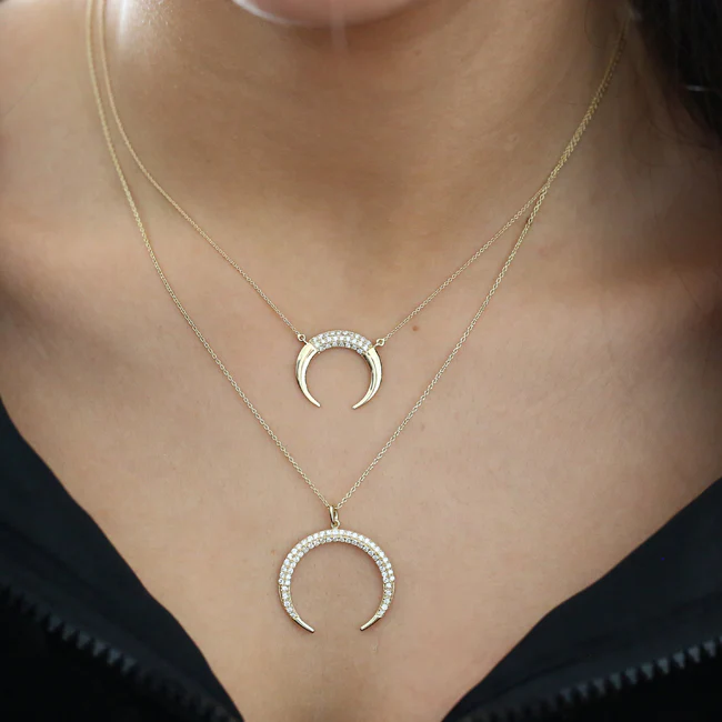 14K Solid Gold Double Horn Diamond Necklace for Women view 3