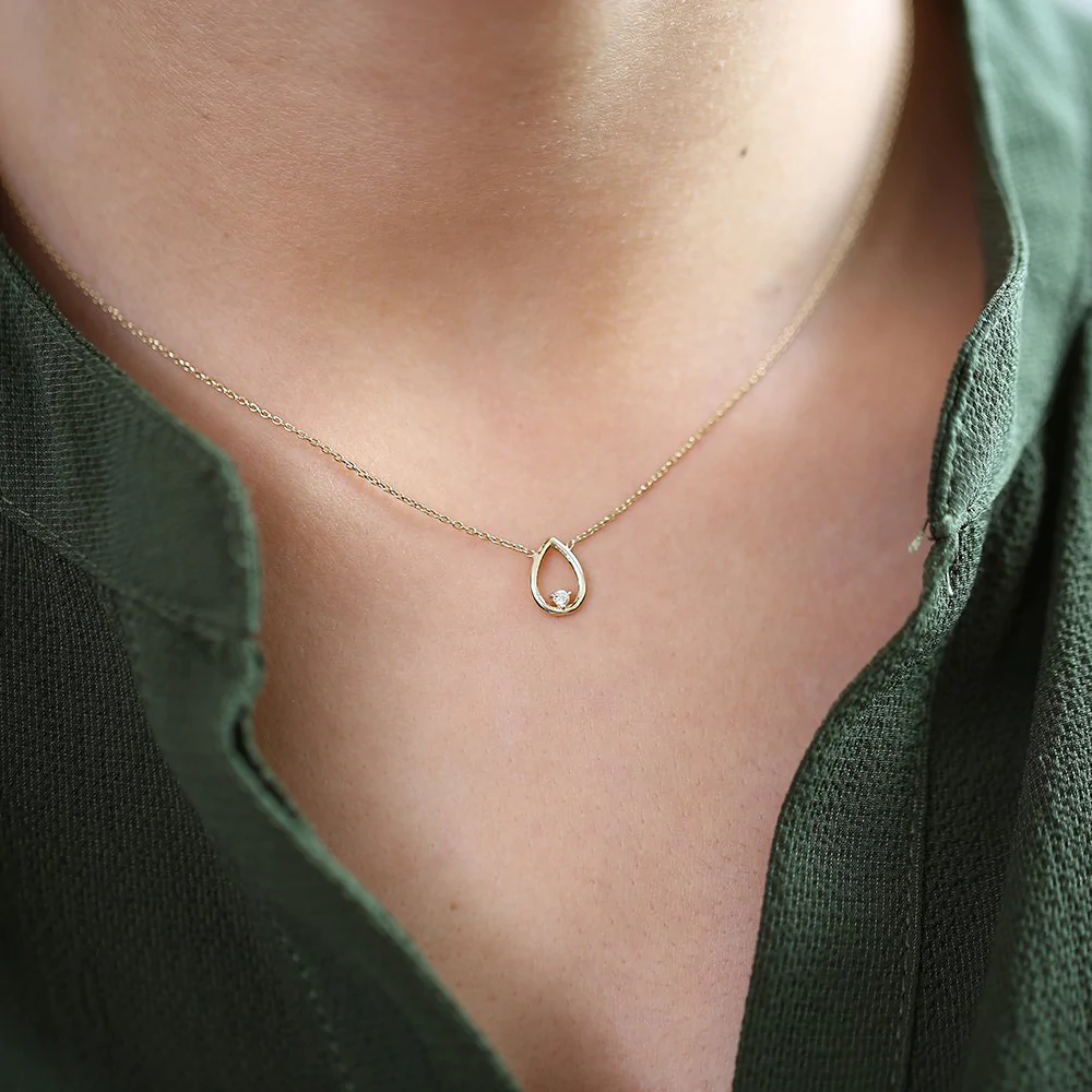 14K Solid Gold Floating Teardrop Diamond Necklace view 5