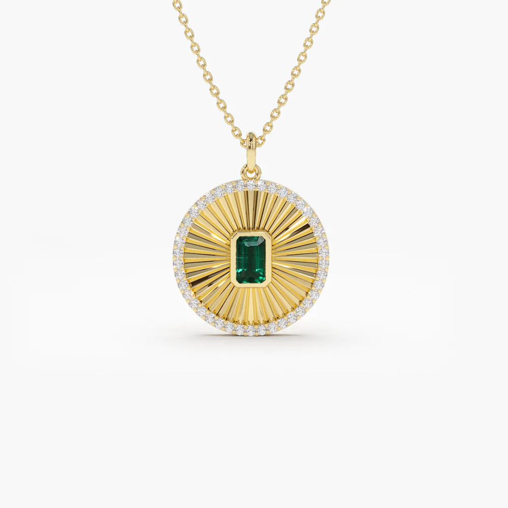 14K Solid Gold Emerald and Diamond Medallion Necklace