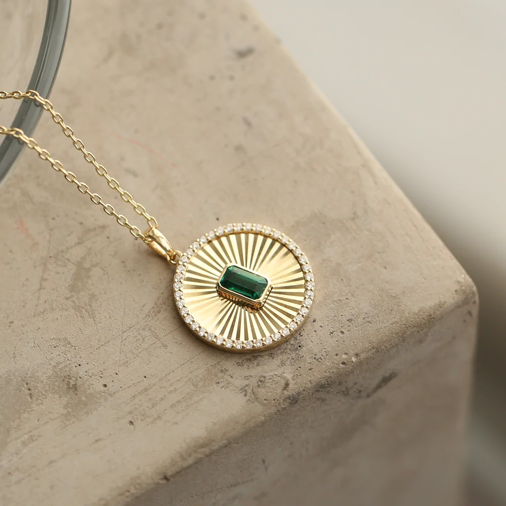 14K Solid Gold Emerald and Diamond Medallion Necklace view 3