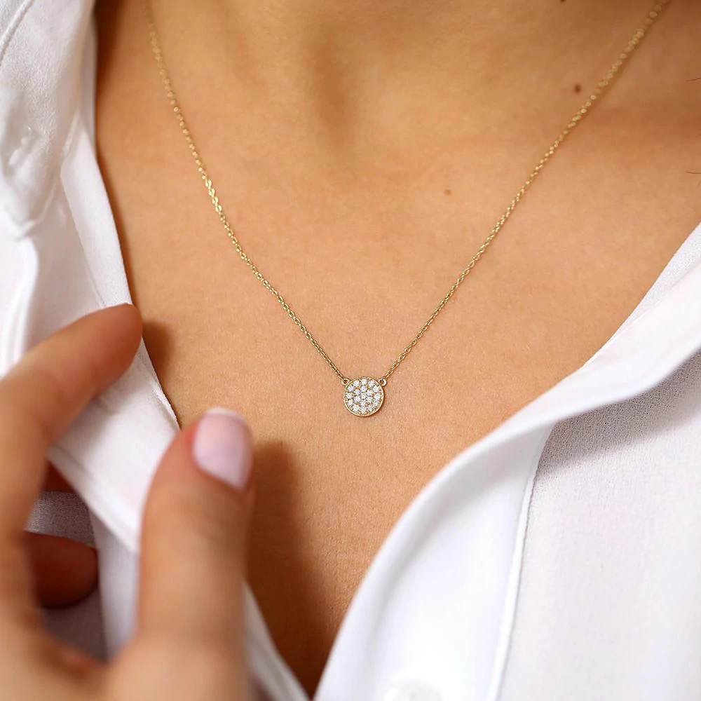 14K Solid Gold Pave Diamond Disc Necklace view 2
