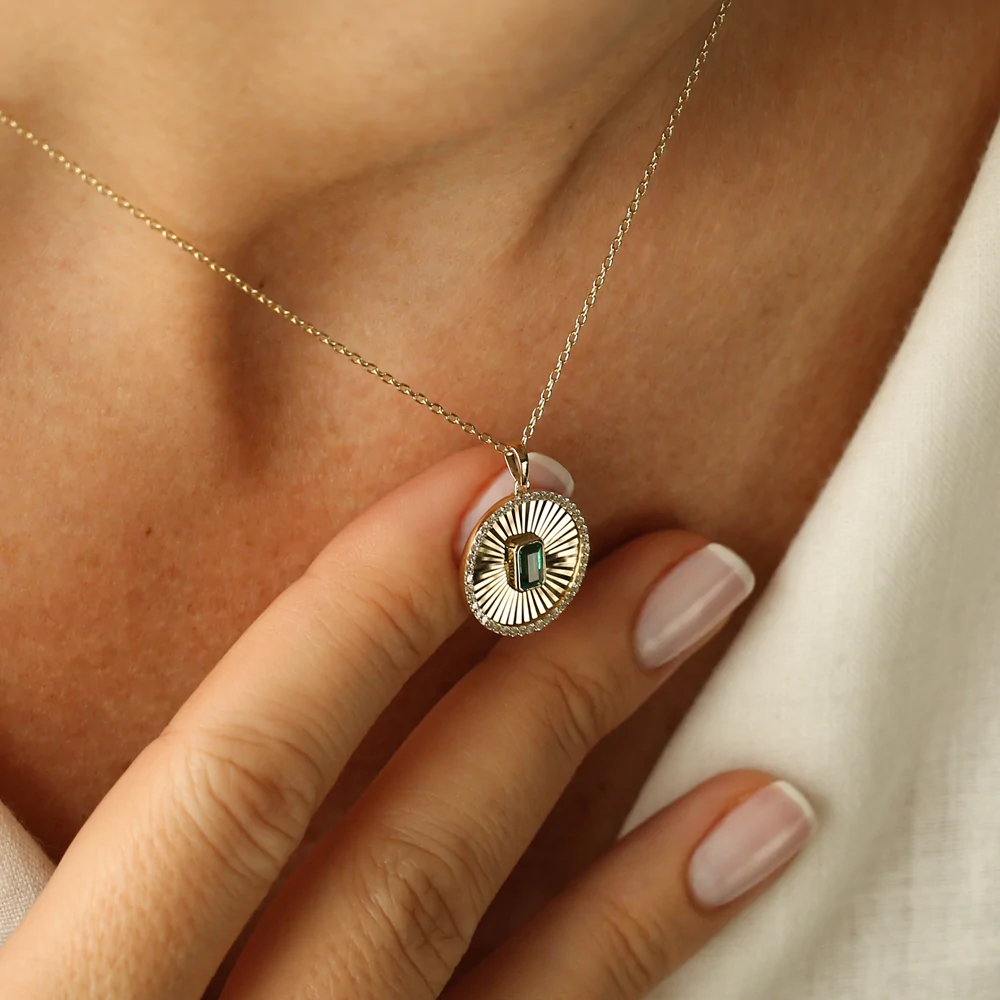 14K Solid Gold Emerald and Diamond Medallion Necklace view 4
