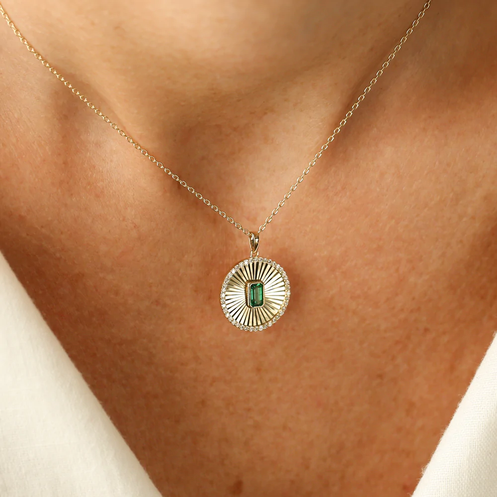 14K Solid Gold Emerald and Diamond Medallion Necklace view 5