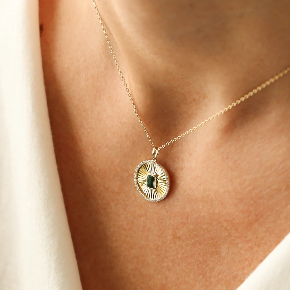 14K Solid Gold Emerald and Diamond Medallion Necklace view 6