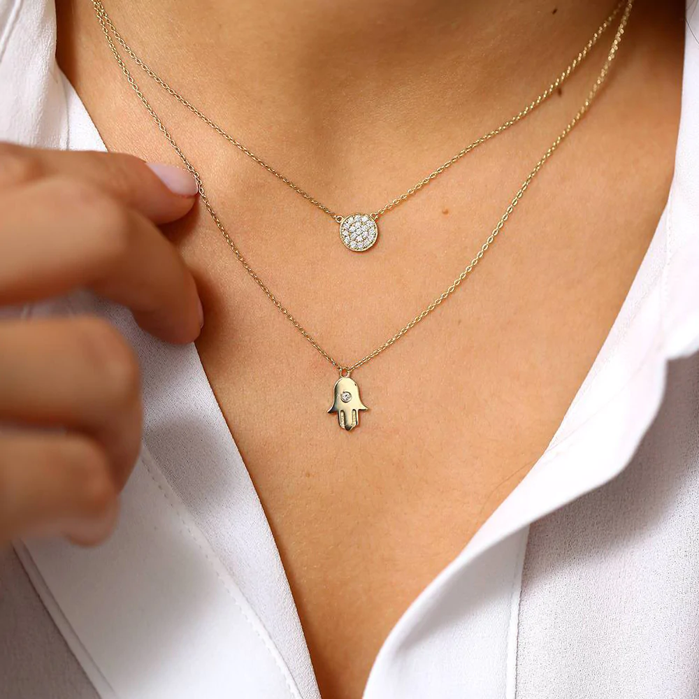 14K Solid Gold Pave Diamond Disc Necklace view 6