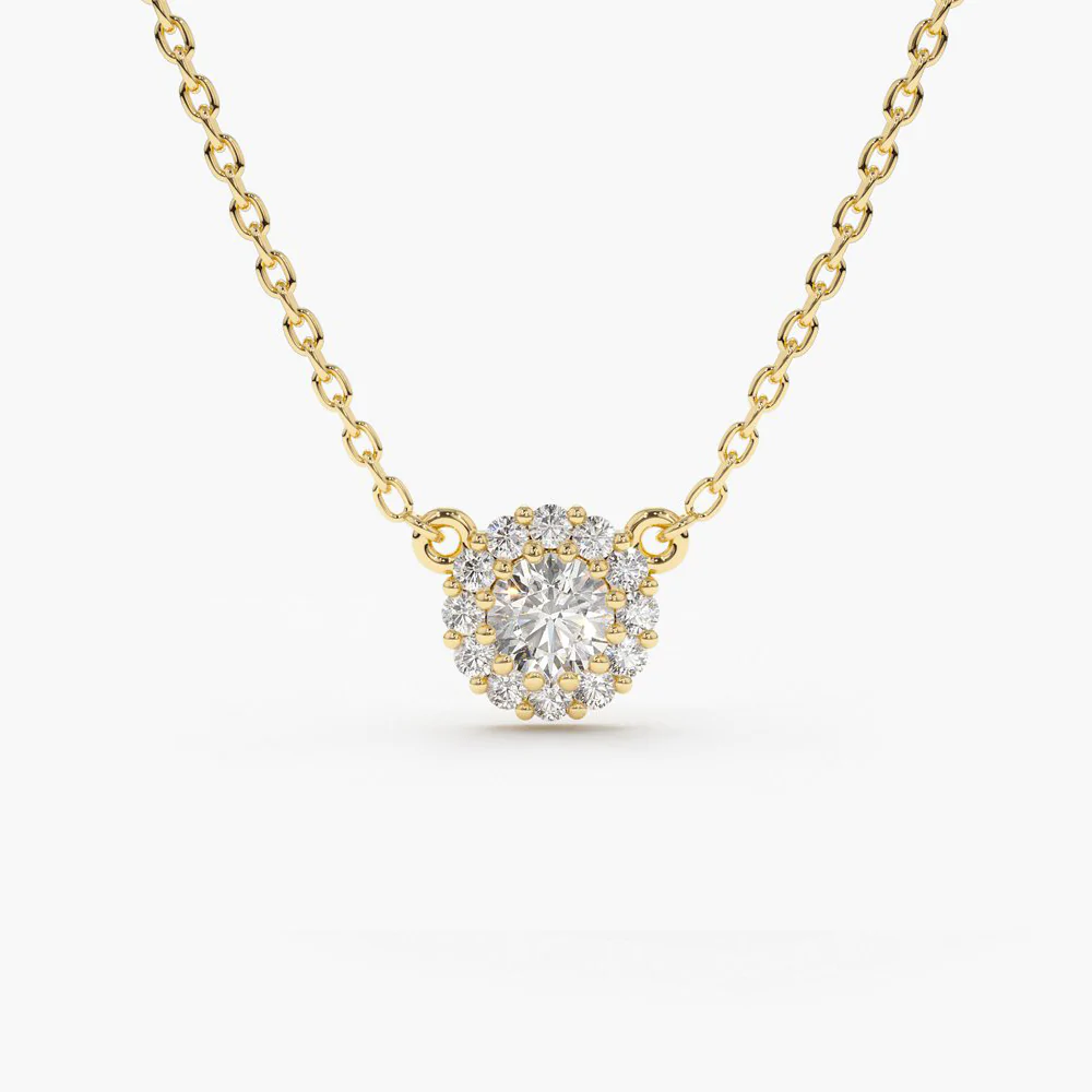 14K Solid Gold Halo Diamond Necklace