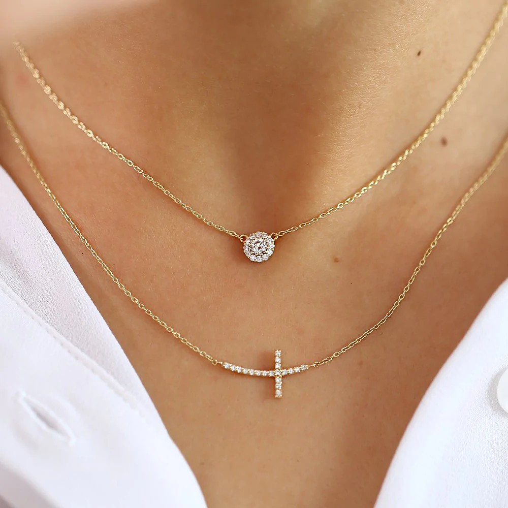14K Solid Gold Halo Diamond Necklace view 2