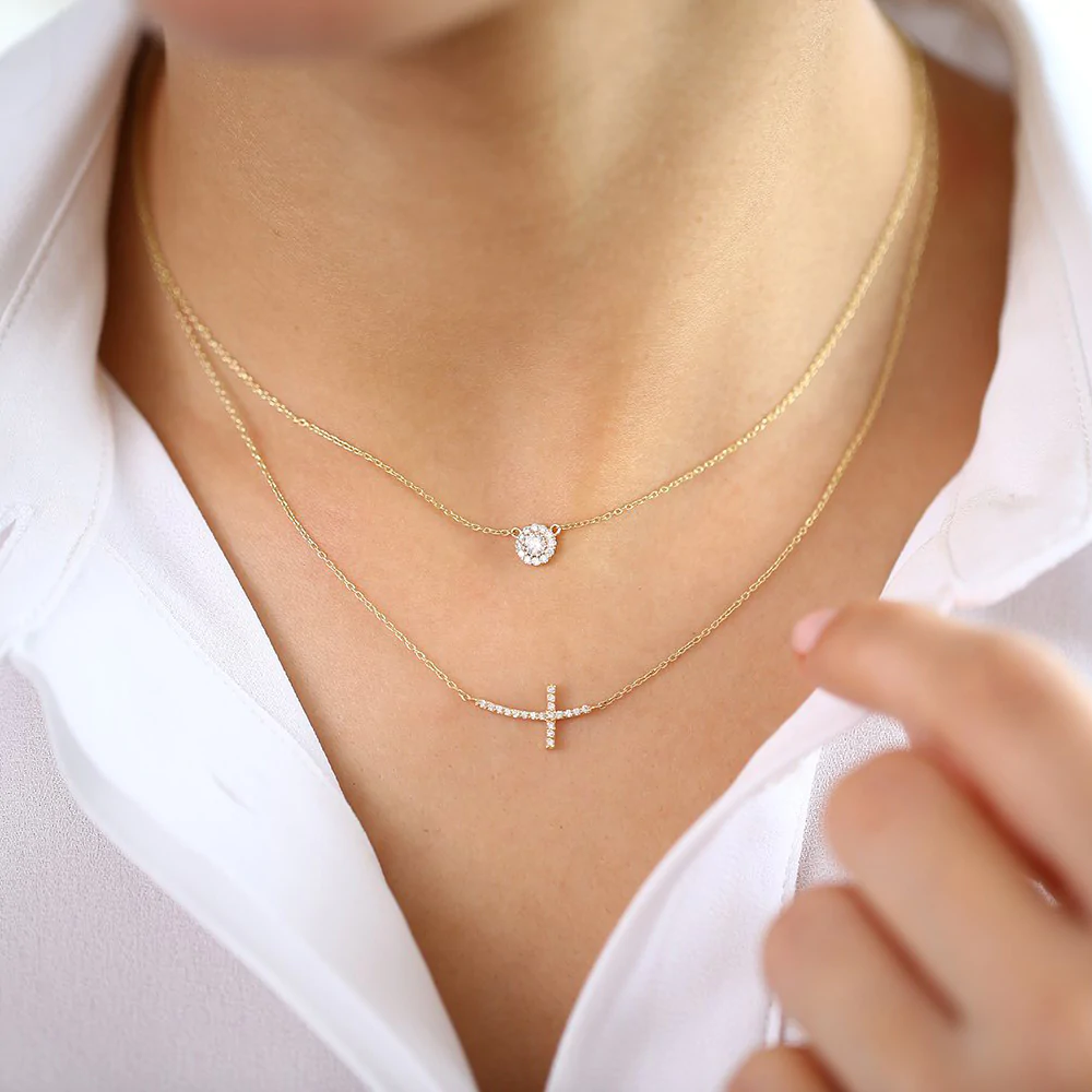 14K Solid Gold Halo Diamond Necklace view 3