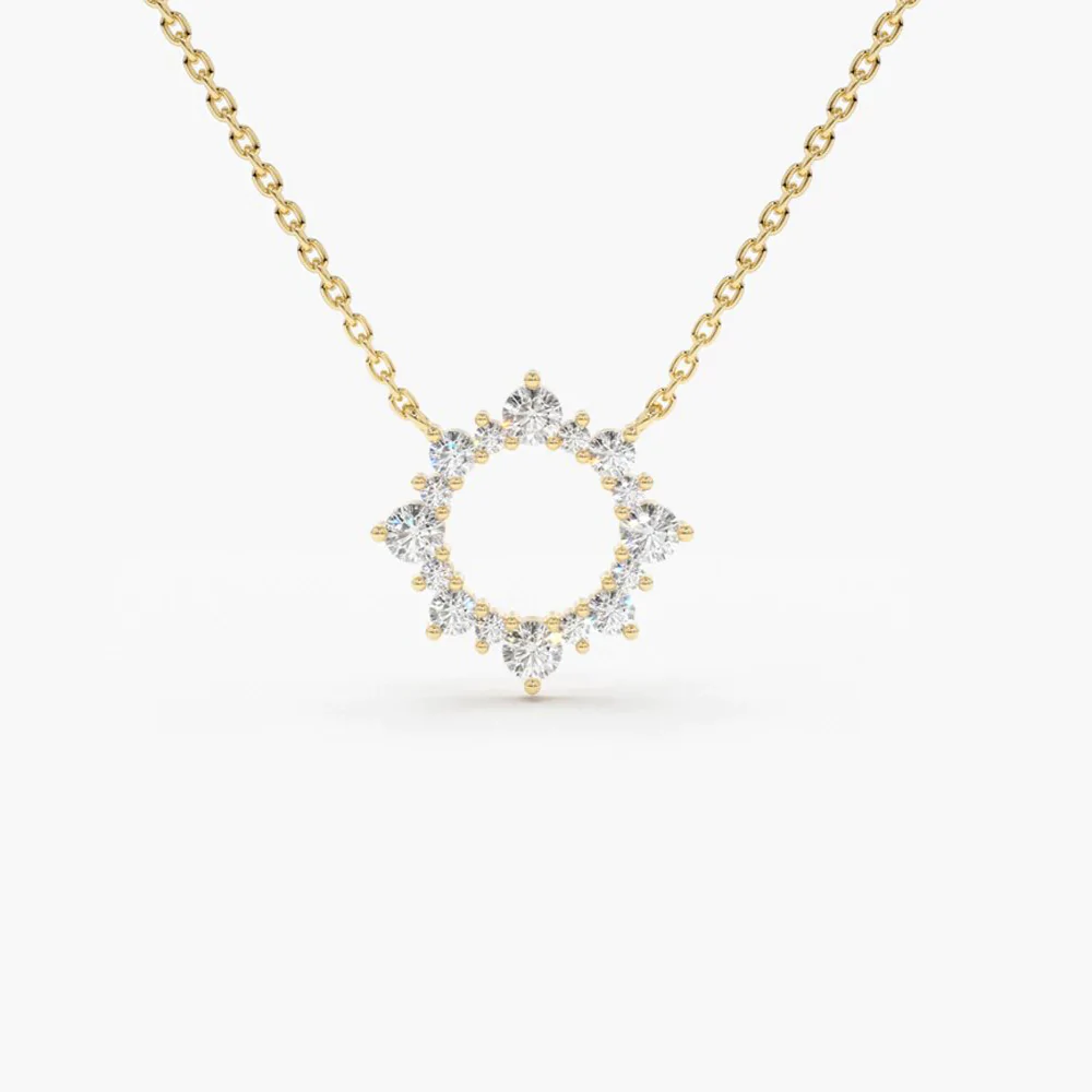14K Solid Gold Diamond Sun Circle Necklace