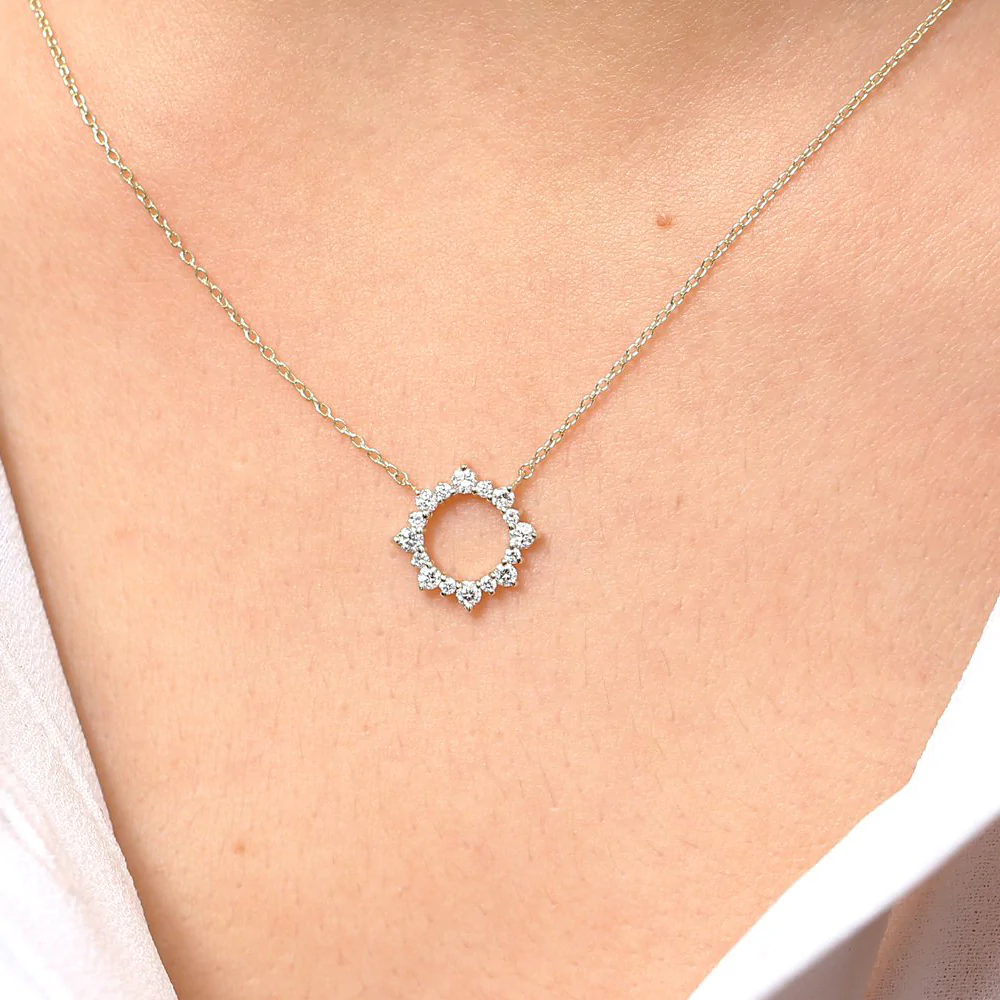 14K Solid Gold Diamond Sun Circle Necklace view 4