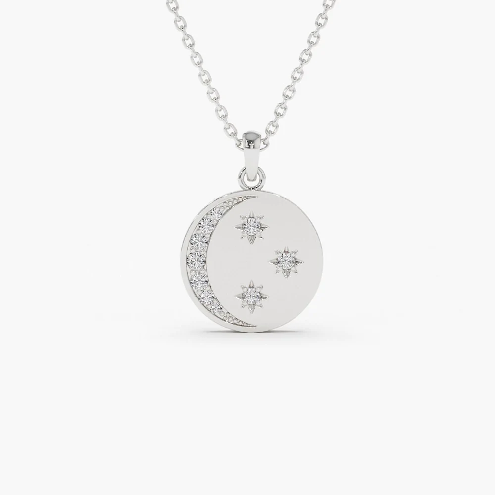 14K Solid Gold Diamond Moon and Crescent Pendant