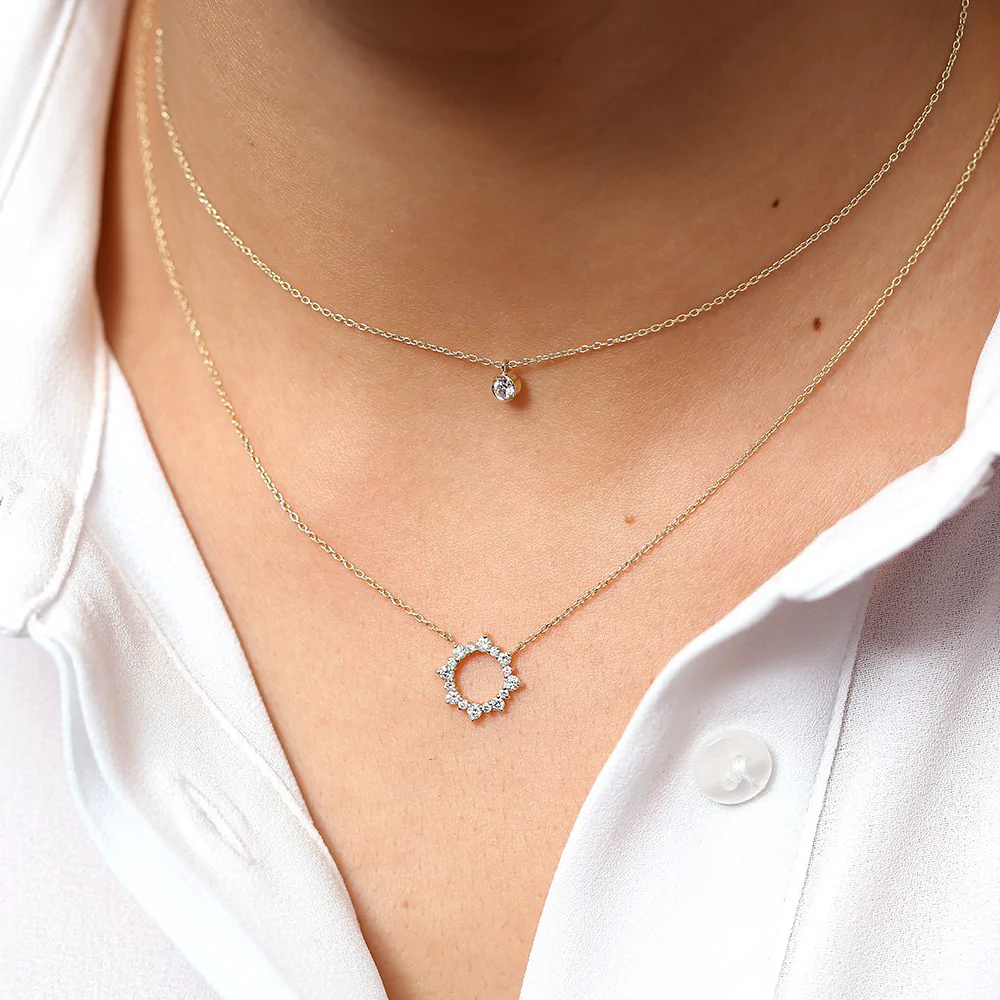 14K Solid Gold Diamond Sun Circle Necklace view 6