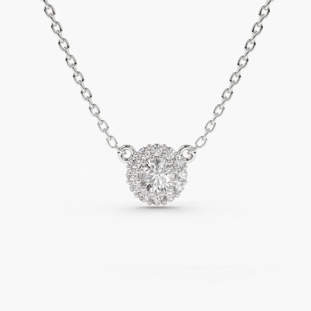 14K Solid Gold Halo Diamond Necklace view 4