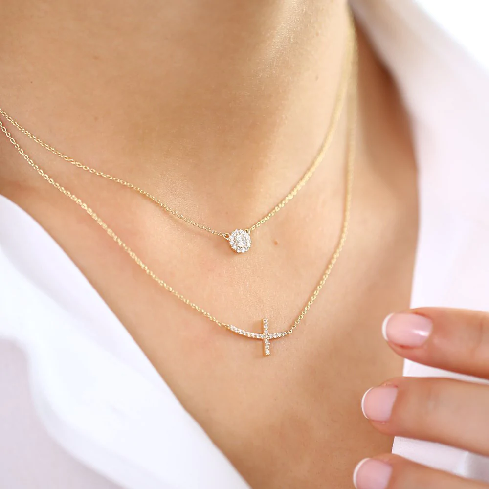 14K Solid Gold Halo Diamond Necklace view 5