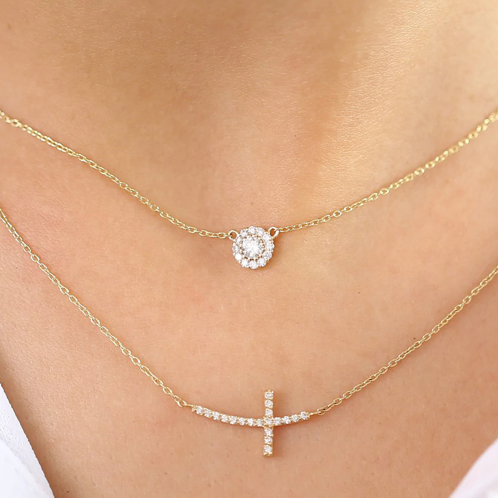 14K Solid Gold Halo Diamond Necklace view 6