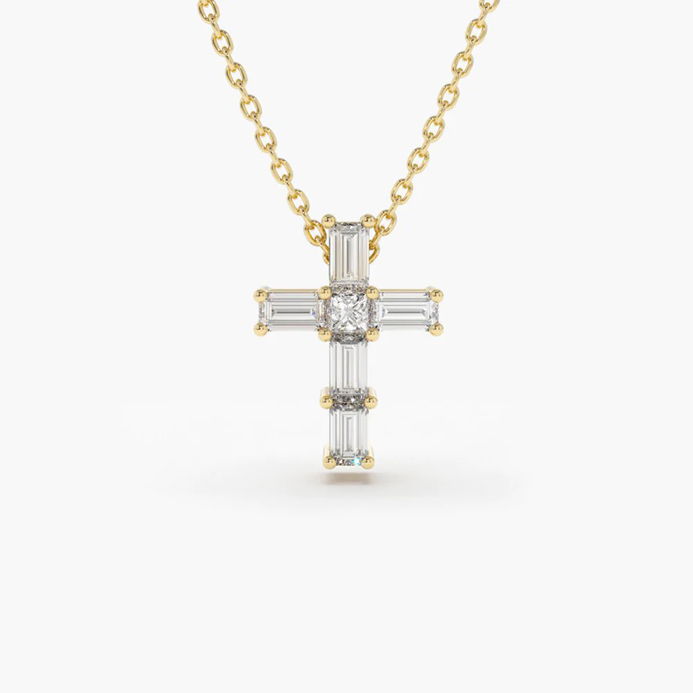 14K Solid Gold Baguette Diamond Tiny Cross Necklace