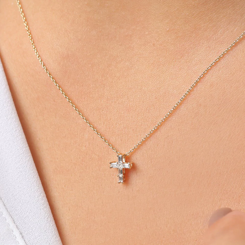 14K Solid Gold Baguette Diamond Tiny Cross Necklace view 2