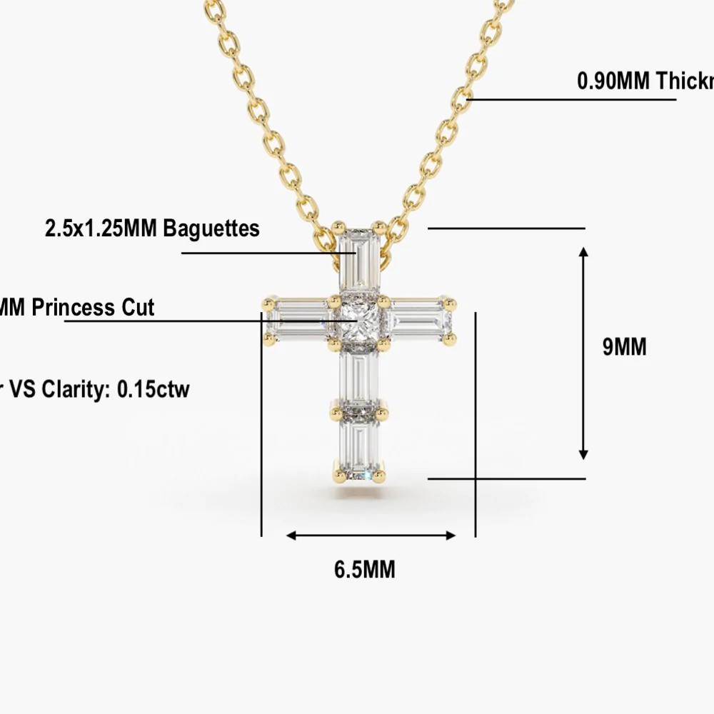 14K Solid Gold Baguette Diamond Tiny Cross Necklace view 3