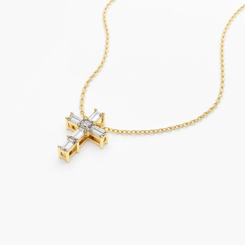 14K Solid Gold Baguette Diamond Tiny Cross Necklace view 4
