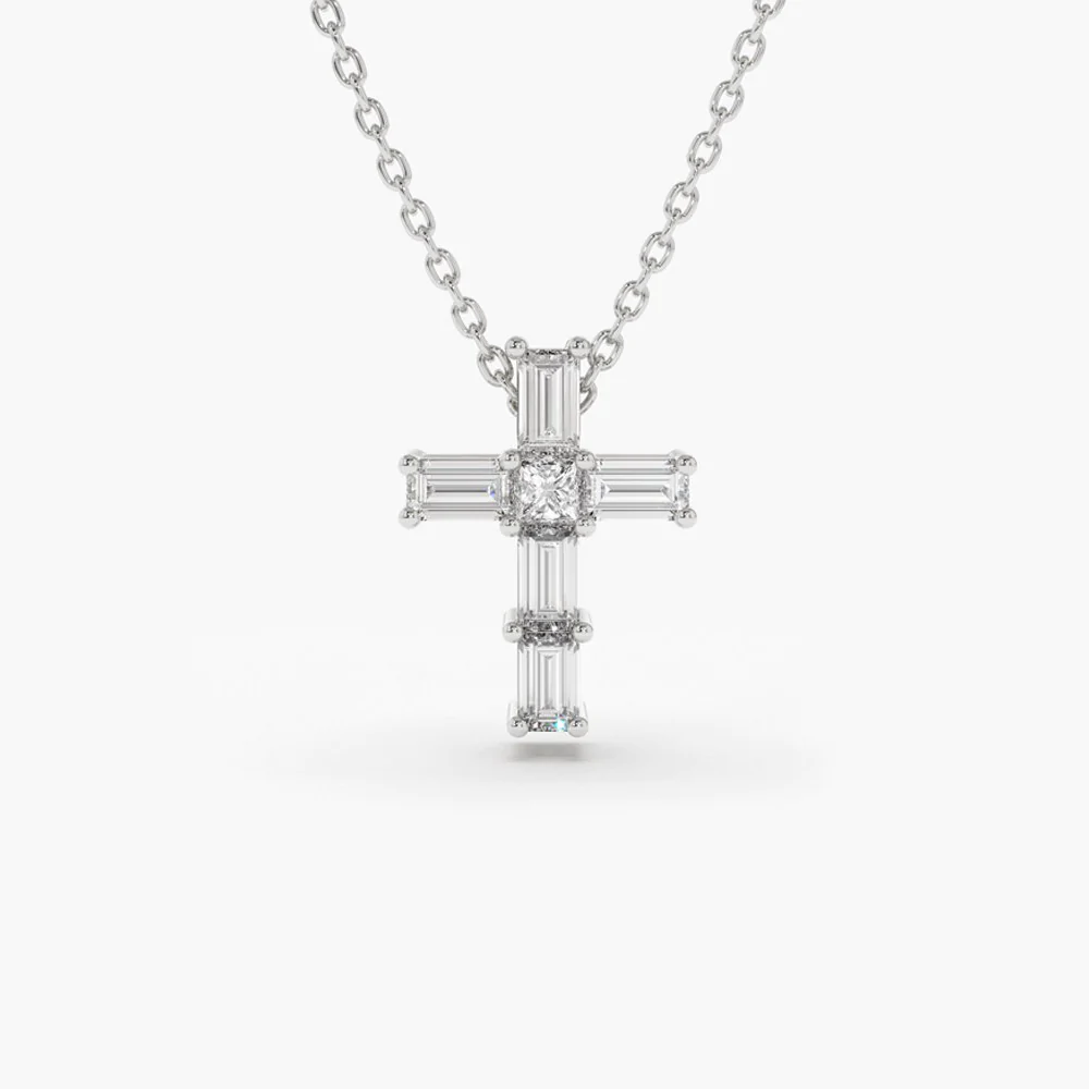 14K Solid Gold Baguette Diamond Tiny Cross Necklace view 5