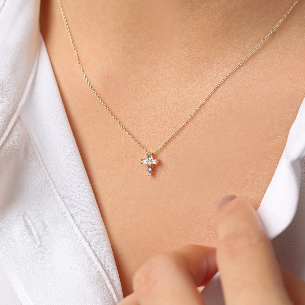 14K Solid Gold Baguette Diamond Tiny Cross Necklace view 6