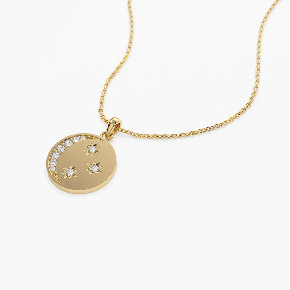 14K Solid Gold Diamond Moon and Crescent Pendant view 3