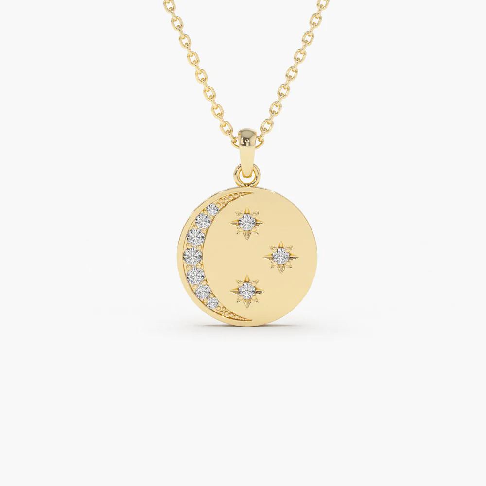 14K Solid Gold Diamond Moon and Crescent Pendant view 4