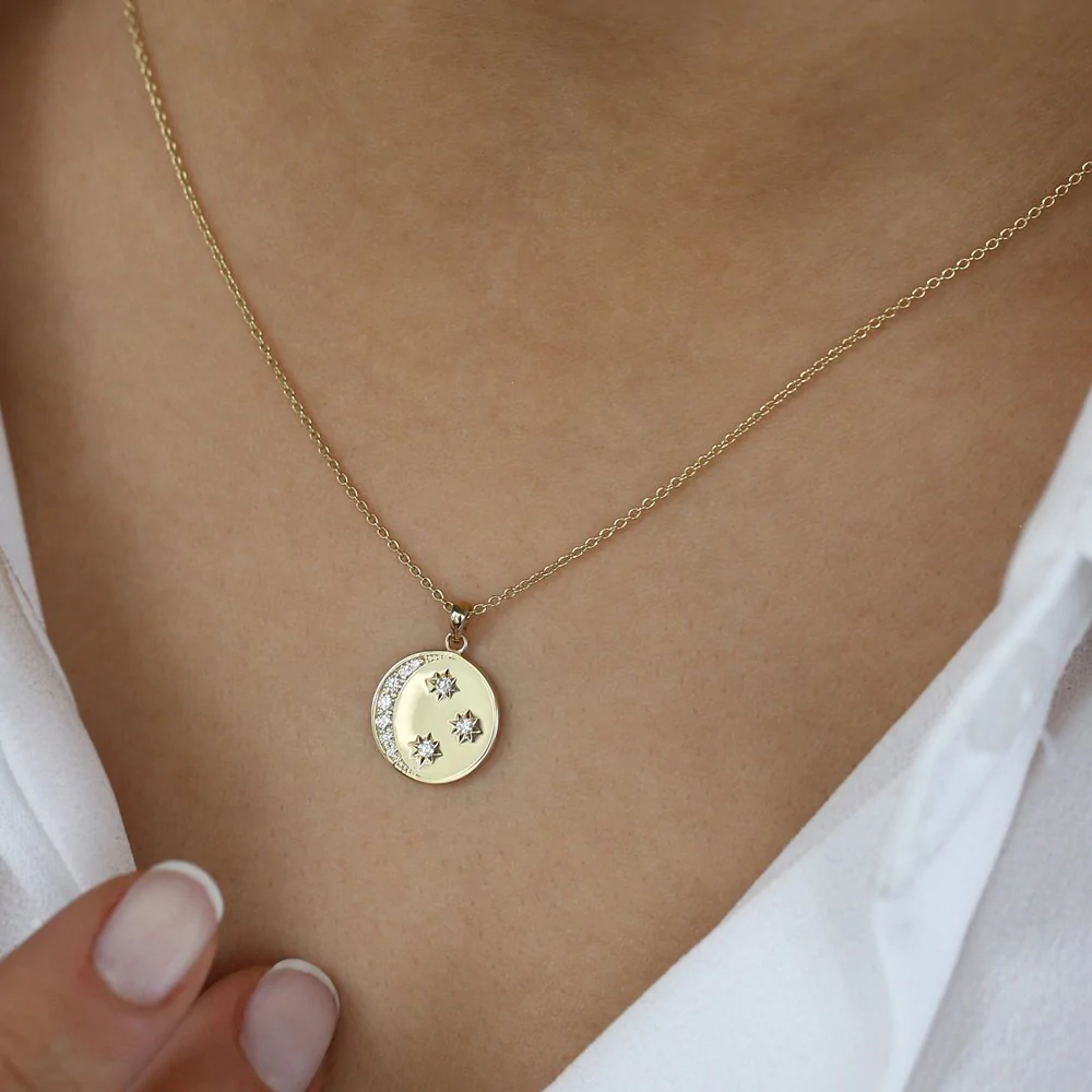 14K Solid Gold Diamond Moon and Crescent Pendant view 5