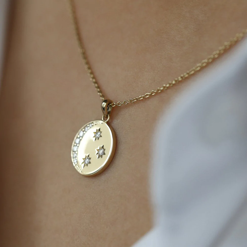 14K Solid Gold Diamond Moon and Crescent Pendant view 6
