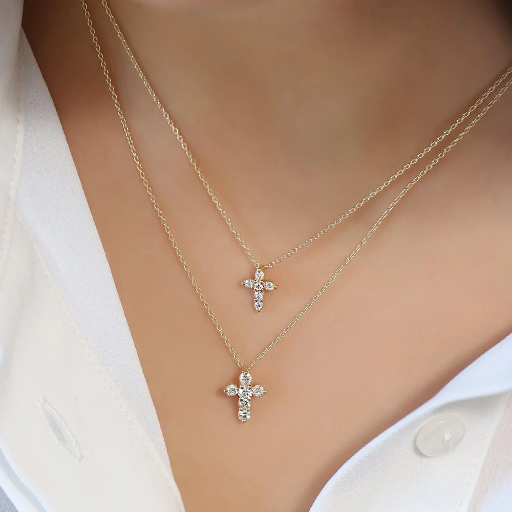 14K Solid Gold Medium Diamond Cross Necklace view 4