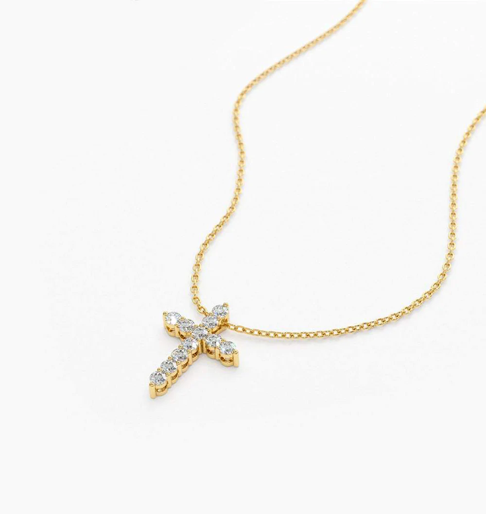 14K Solid Gold Diamond Cross Necklace view 2