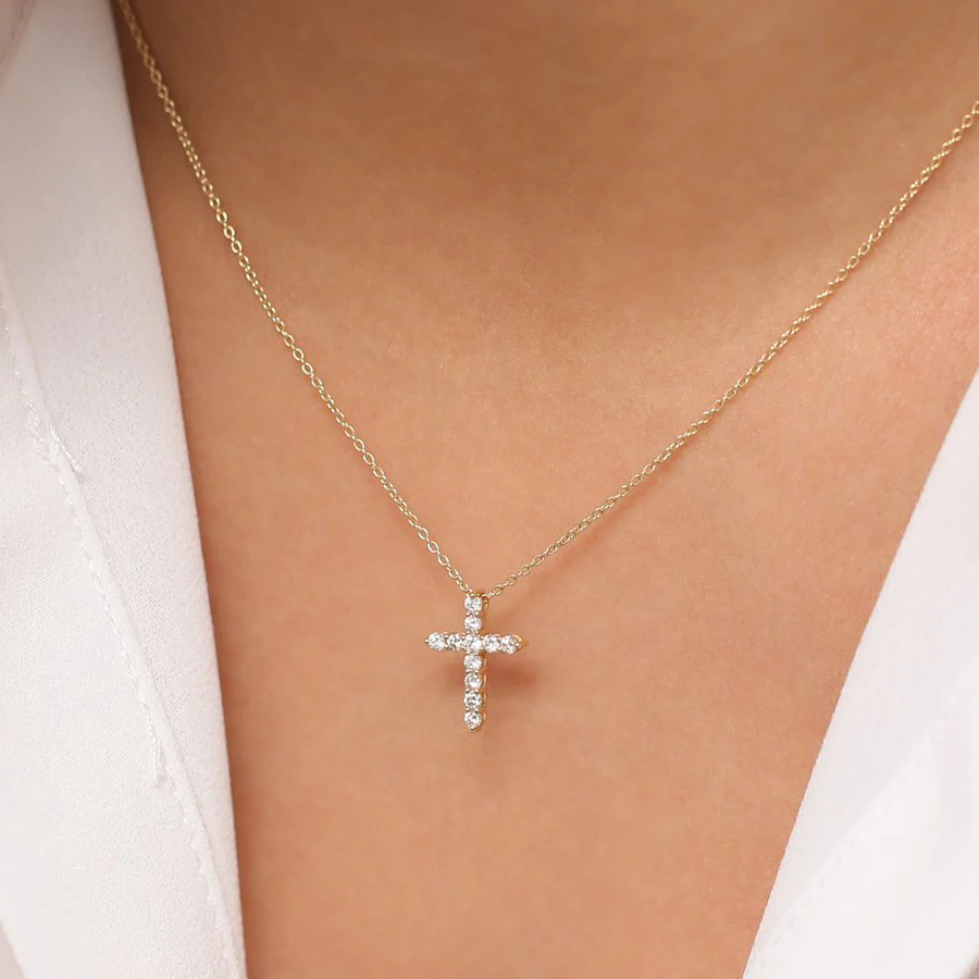 14K Solid Gold Diamond Cross Necklace view 3
