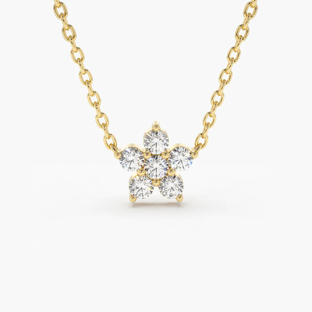 14K Solid Gold Flower Charm Diamond Necklace