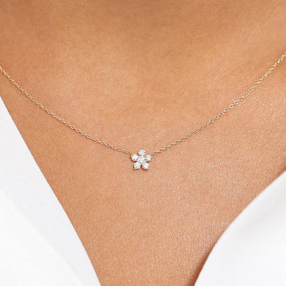 14K Solid Gold Flower Charm Diamond Necklace view 2