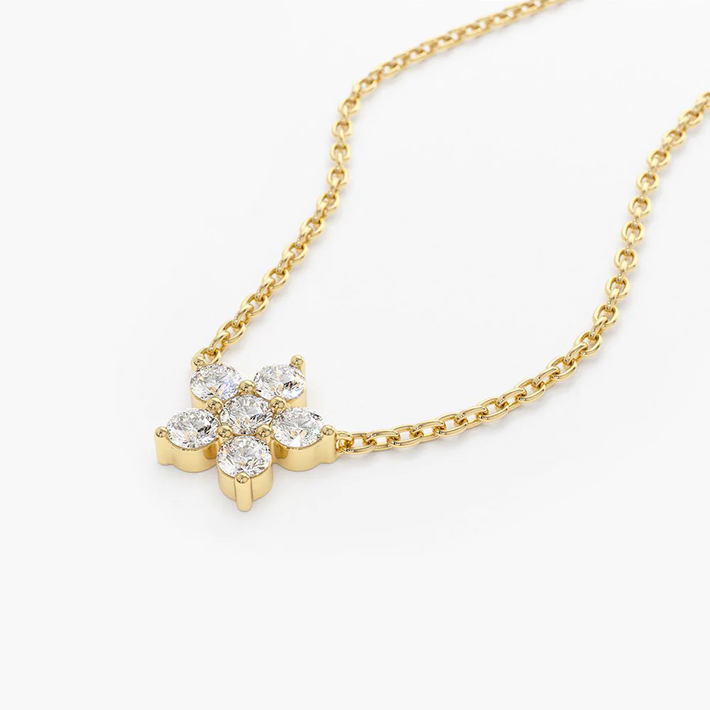 14K Solid Gold Flower Charm Diamond Necklace view 3